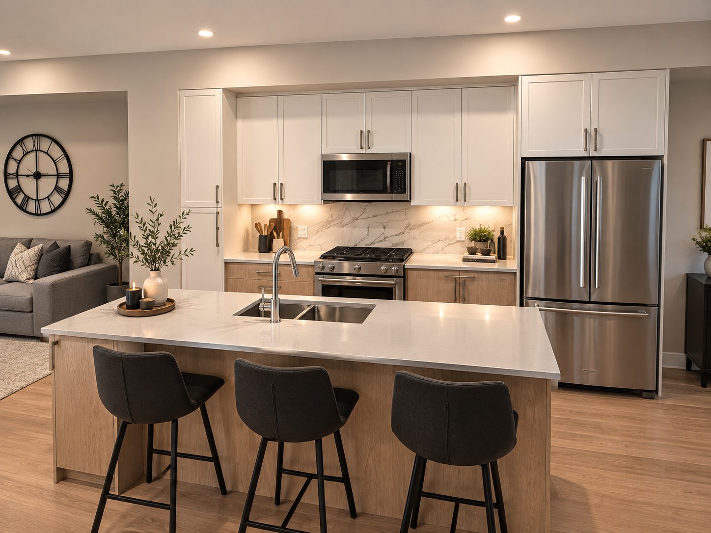 Coastwoods Phase 1 kitchen with white shaker cabinets, oak lower cabinets, marble effect backsplash and French door fridge