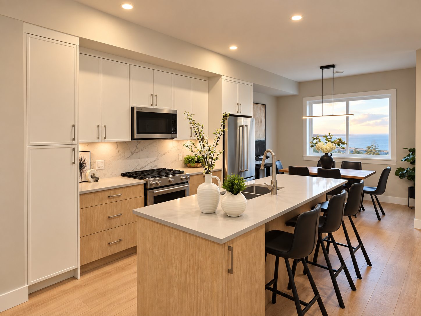 Coastwoods Phase 1 kitchen and dining room with quartz island, gas range and an ocean view